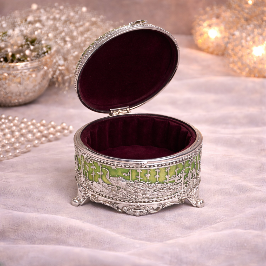 Royal Peacock Enamel Silver Jewellery Box – 3 Inch (Green Finish)