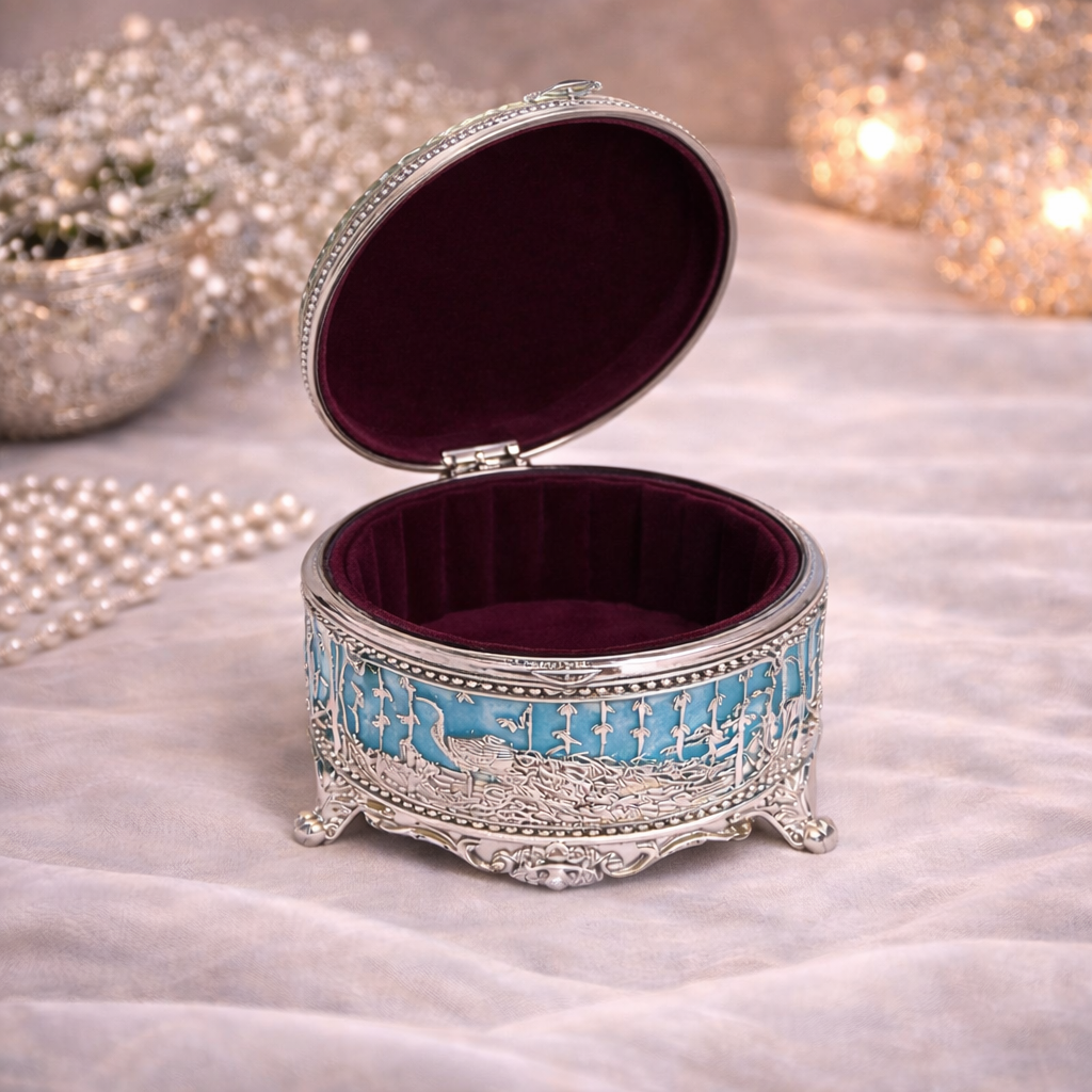 German Silver Peacock Design Round Box (3 Inch) – Luxury Dry Fruit & Return Gift Box