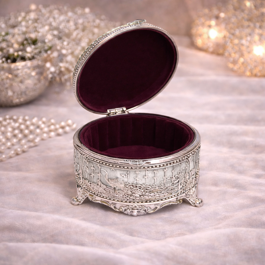 Adscraft Royal Peacock German Silver Jewelry & Dry Fruit Box with Velvet Lining (3 Inch)