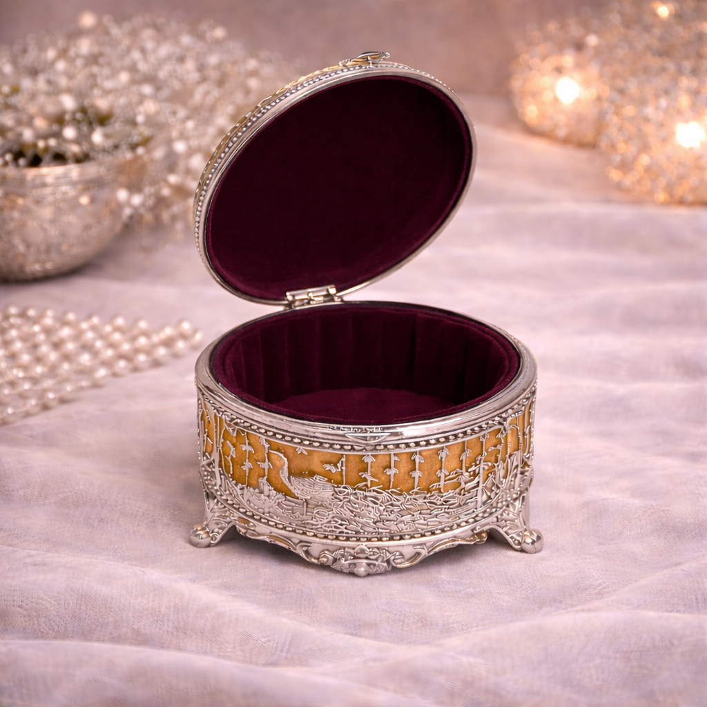 Premium German Silver Peacock Jewellery Box – 3 Inch Round with Velvet Interior