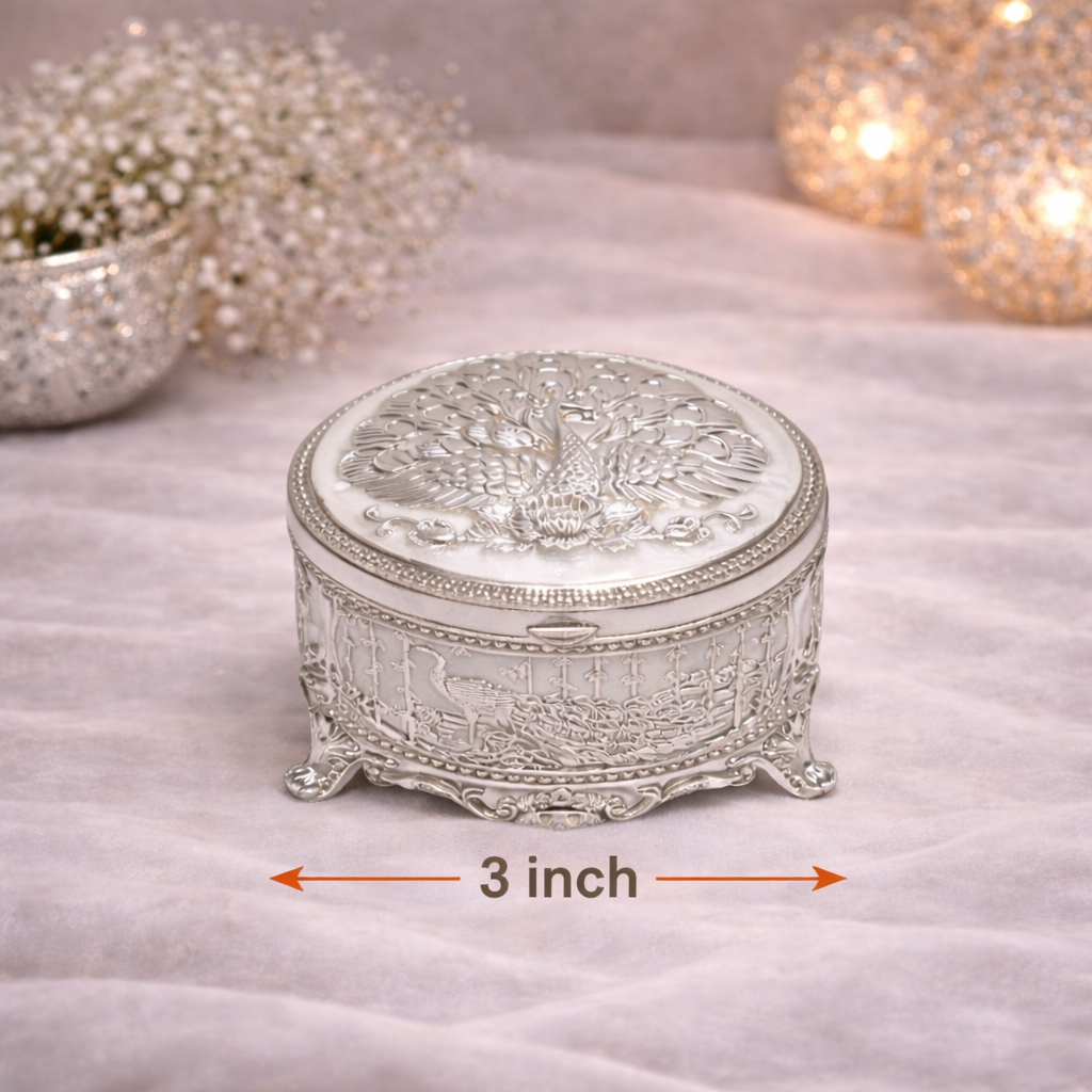 Adscraft Royal Peacock German Silver Jewelry & Dry Fruit Box with Velvet Lining (3 Inch)