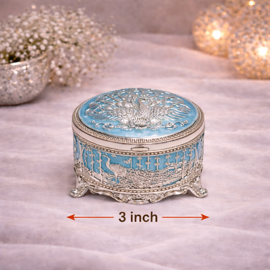 German Silver Peacock Design Round Box (3 Inch) – Luxury Dry Fruit & Return Gift Box