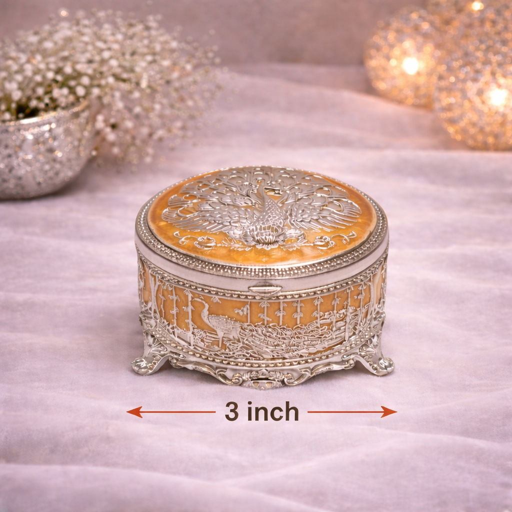 Premium German Silver Peacock Jewellery Box – 3 Inch Round with Velvet Interior