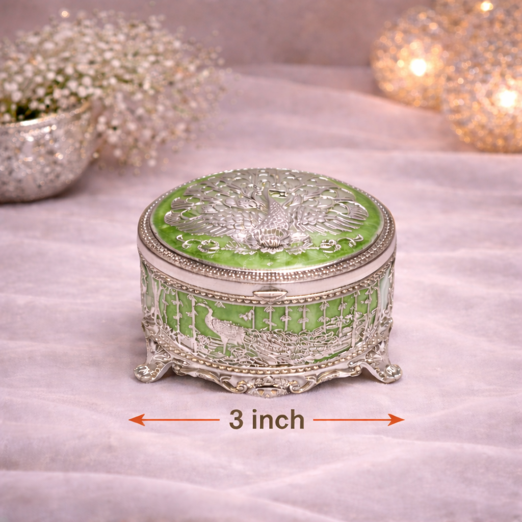 Royal Peacock Enamel Silver Jewellery Box – 3 Inch (Green Finish)