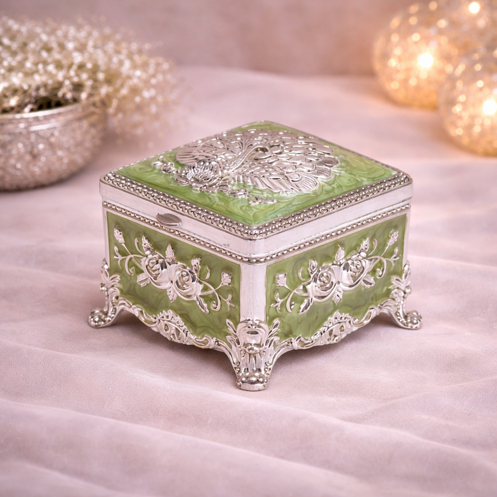 Royal Green Floral Metal Jewellery Box with Velvet Lining (3 x 3 x 2 Inch)