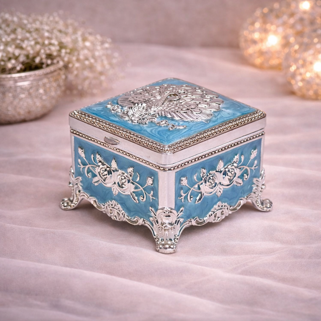 Premium Peacock Design German Silver Jewelry Box – Sky Blue (3 x 3 Inch)