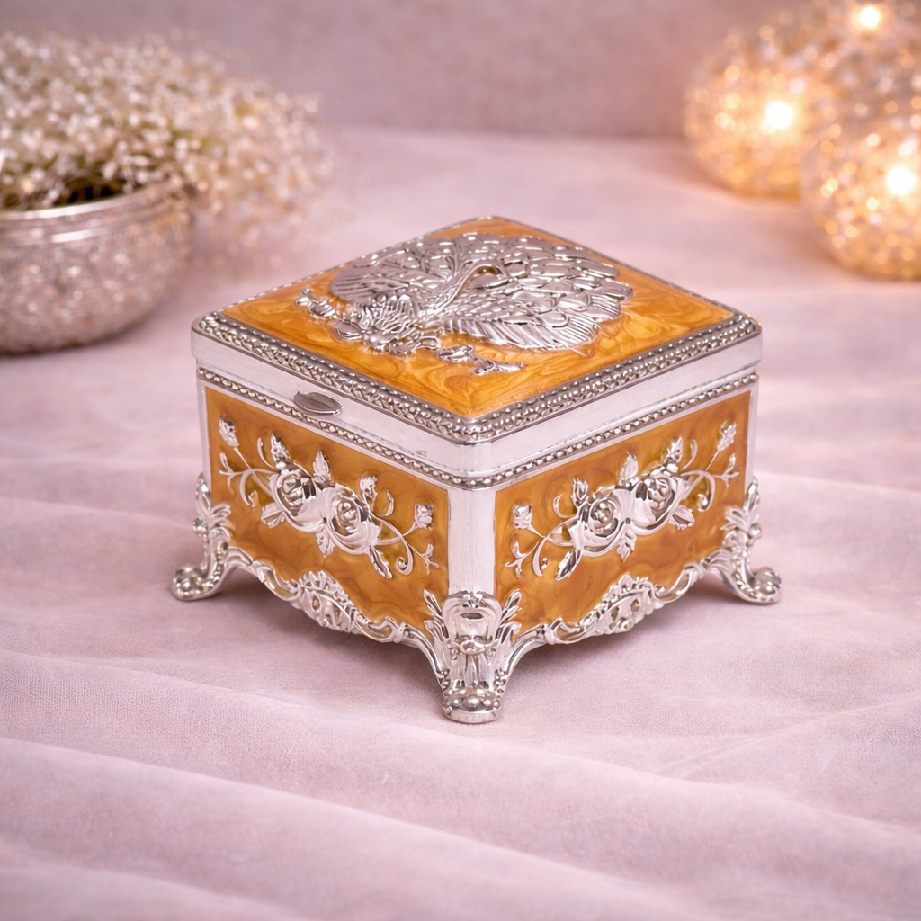 Royal Peacock Embossed Decorative Storage Box – 3 x 3 Inch (Premium Finish)