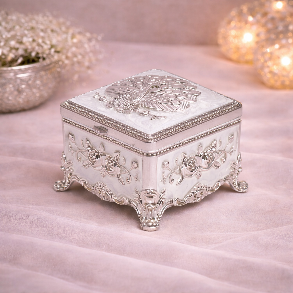 Royal White German Silver Peacock Jewellery Box (3 x 3 x 2 Inch)
