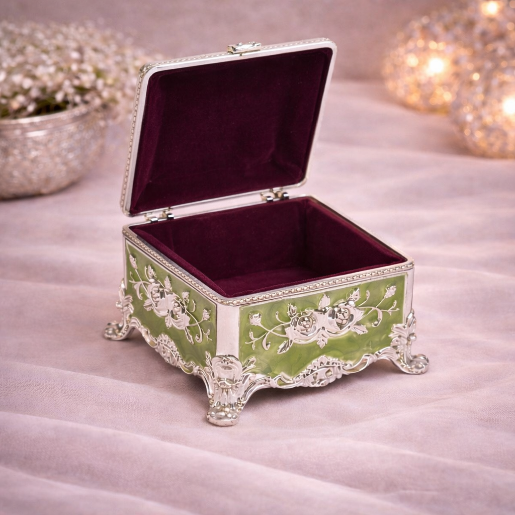 Royal Green Floral Metal Jewellery Box with Velvet Lining (3 x 3 x 2 Inch)