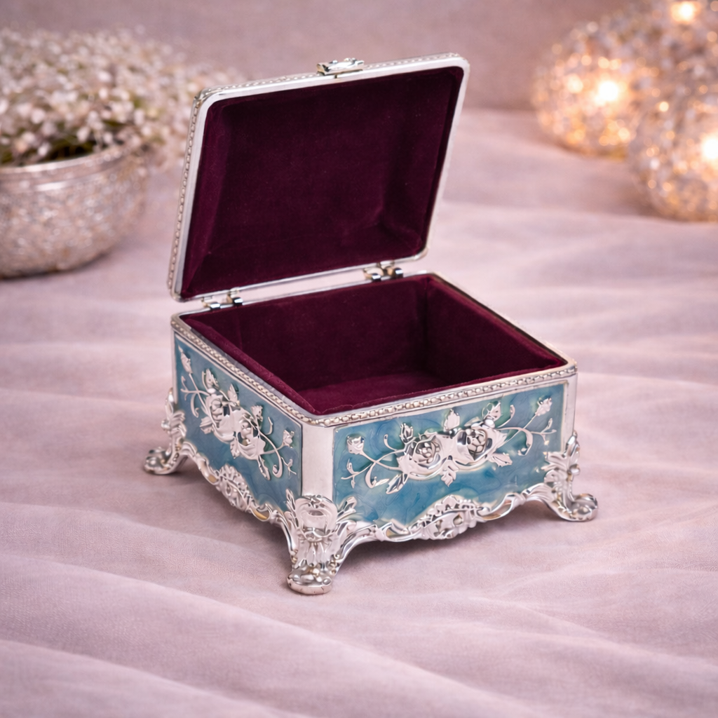 Premium Peacock Design German Silver Jewelry Box – Sky Blue (3 x 3 Inch)