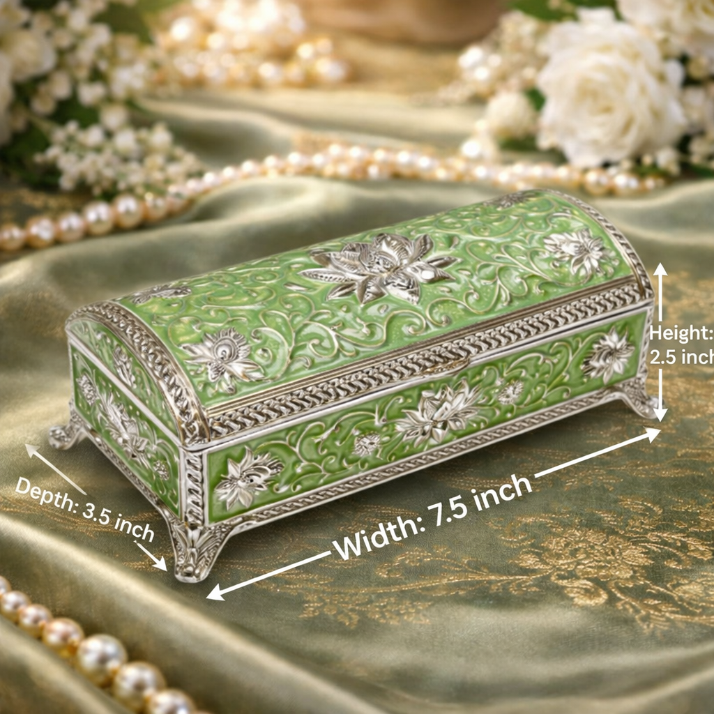 Luxury German Silver Floral Long Storage Box – Green Enamel Finish (7.5 x 3.5 Inch)