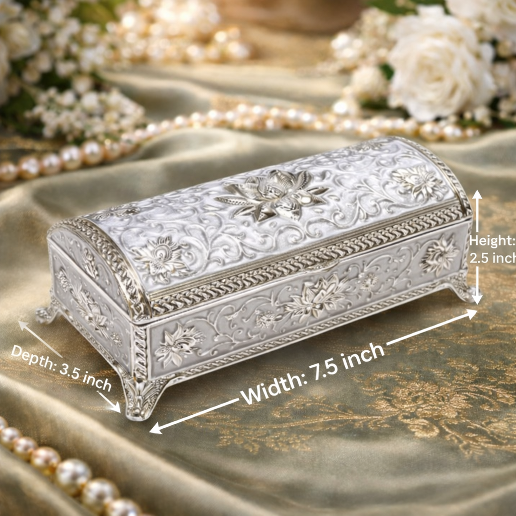 Royal German Silver Embossed Storage Box with Velvet Lining – Luxury Gifting & Décor Piece