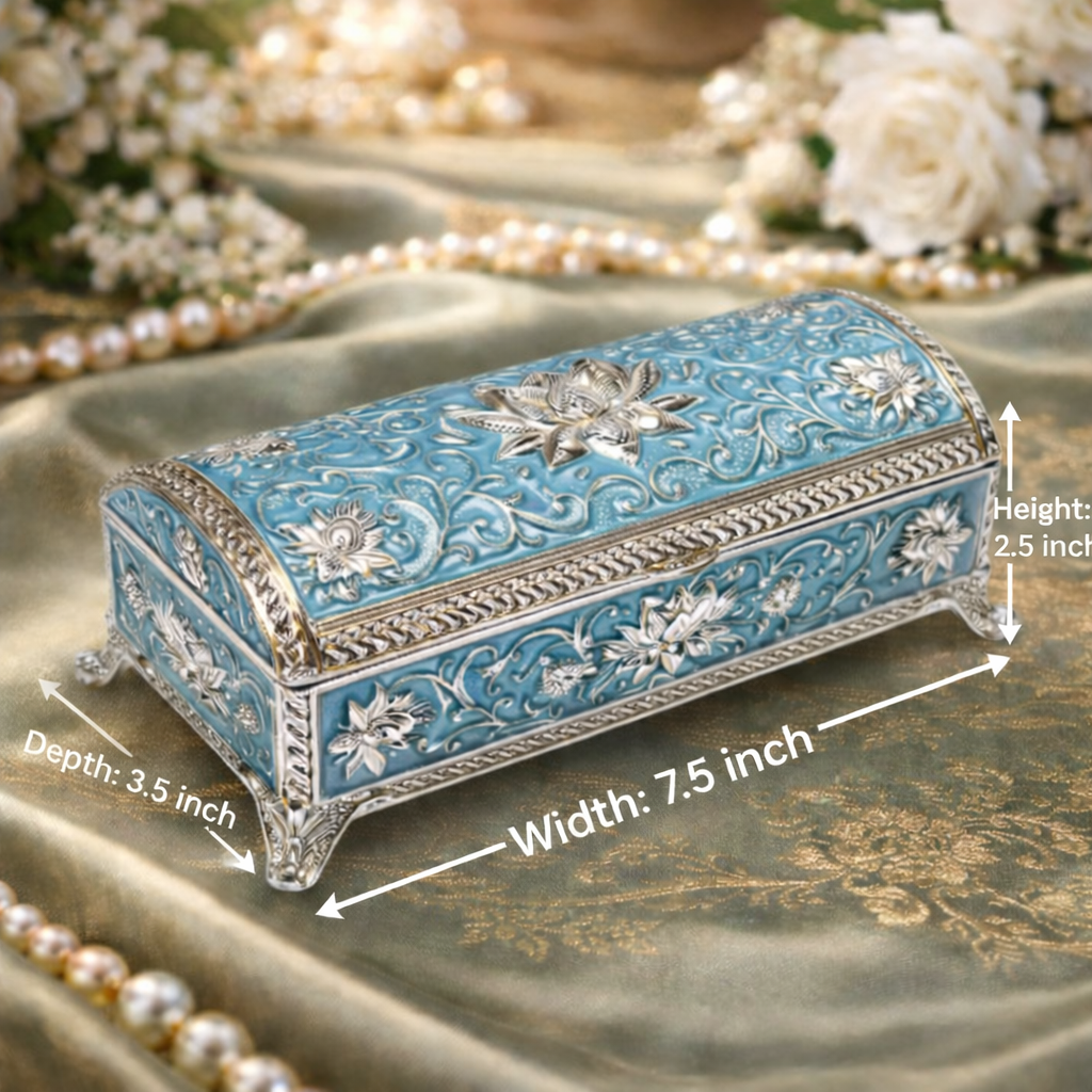 Luxury German Silver Floral Storage Box – Blue Enamel Finish (7.5 x 3.5 Inch)