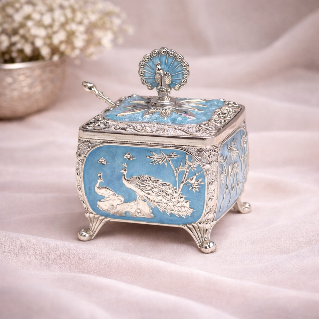 Royal Peacock German Silver Dry Fruit Box – Handcrafted Premium Gift (4 x 4 Inch)