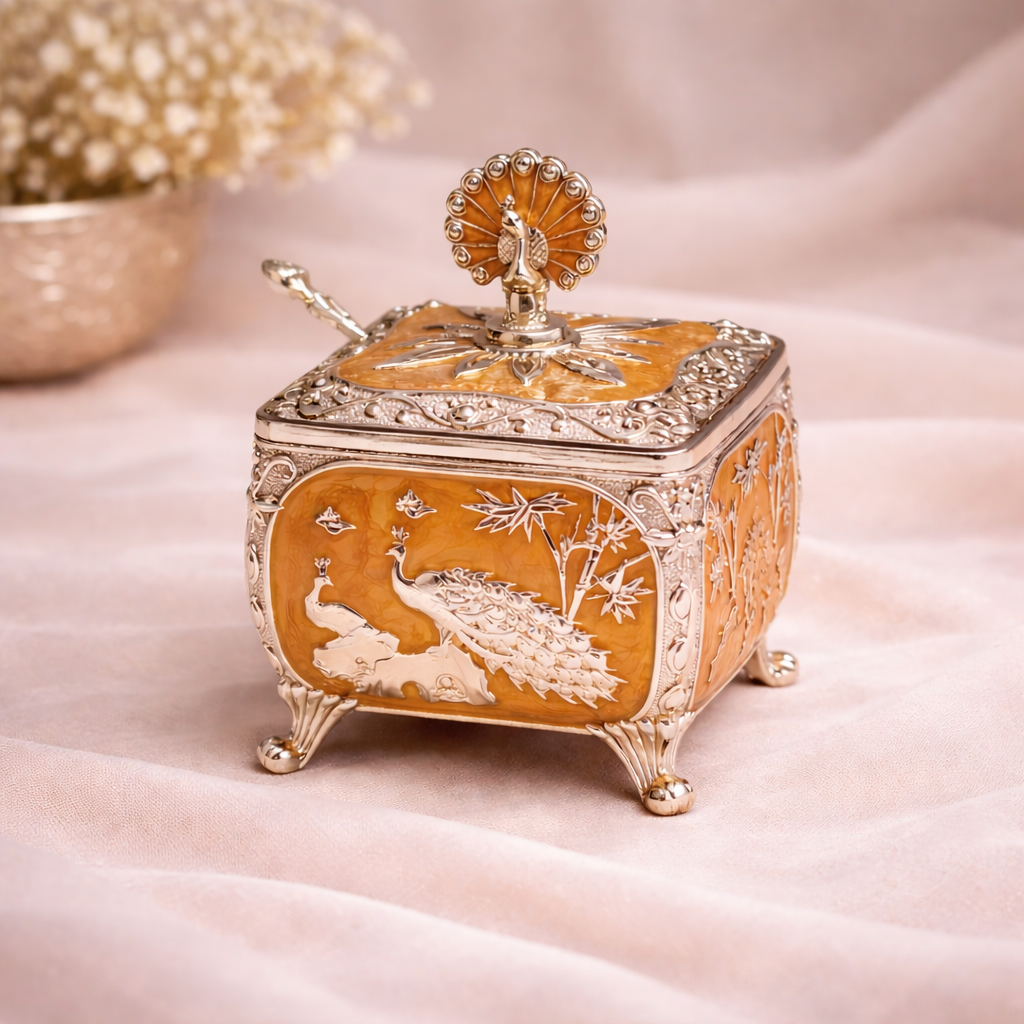 Royal Peacock German Silver Dry Fruit Box – Orange Finish (4 x 4 Inch)