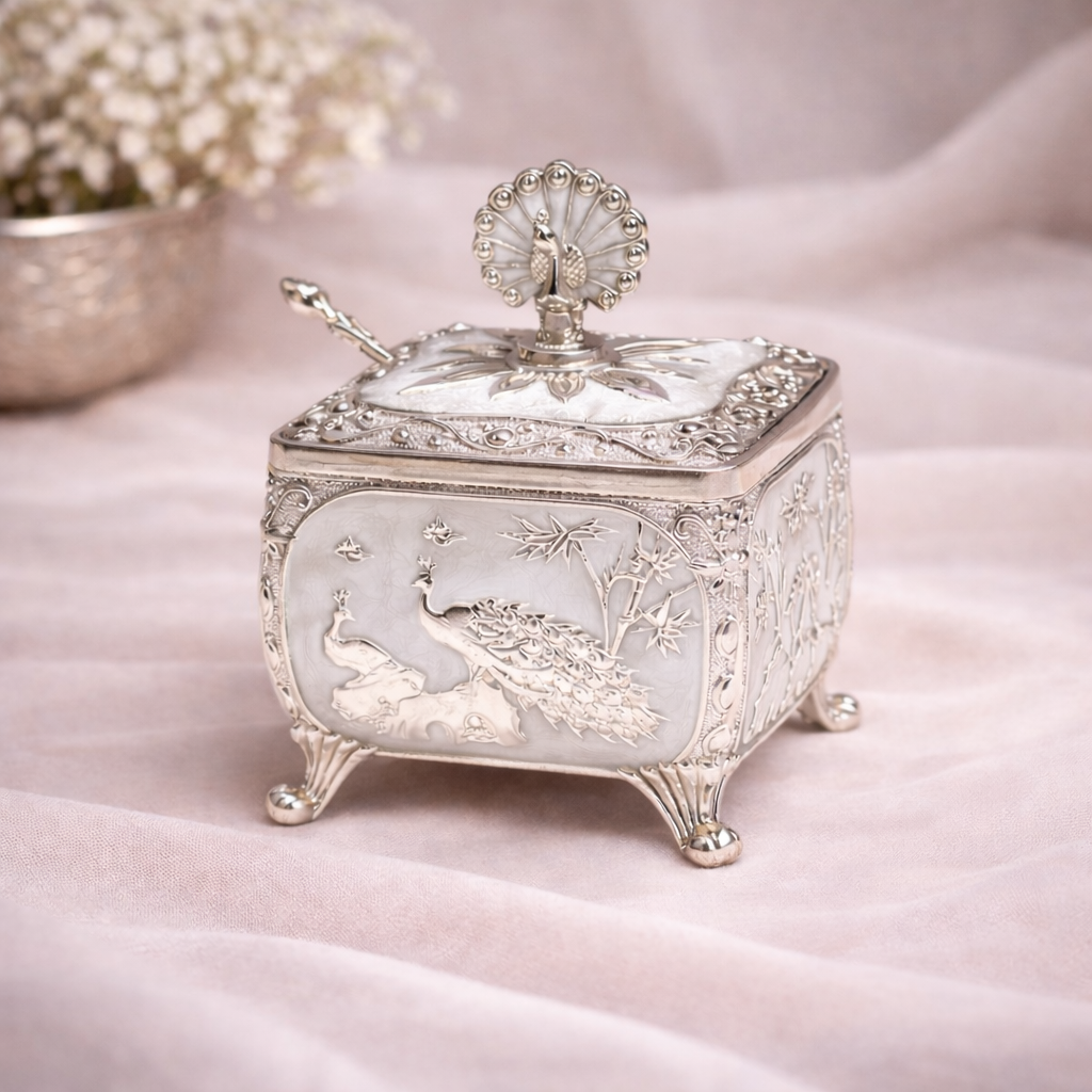 Royal White German Silver Peacock Dry Fruit Box (4 x 4 Inch) – Luxury Wedding & Festive Gift