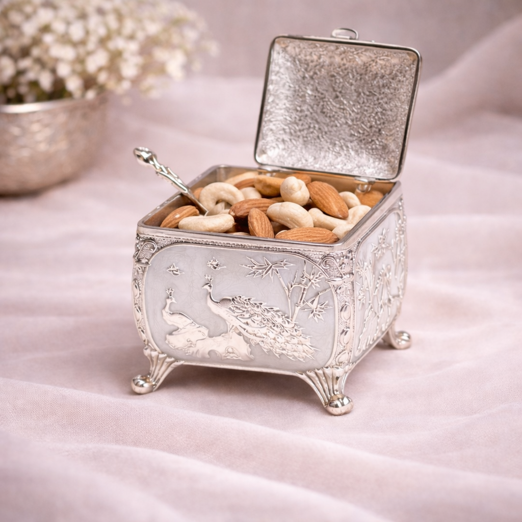 Royal White German Silver Peacock Dry Fruit Box (4 x 4 Inch) – Luxury Wedding & Festive Gift