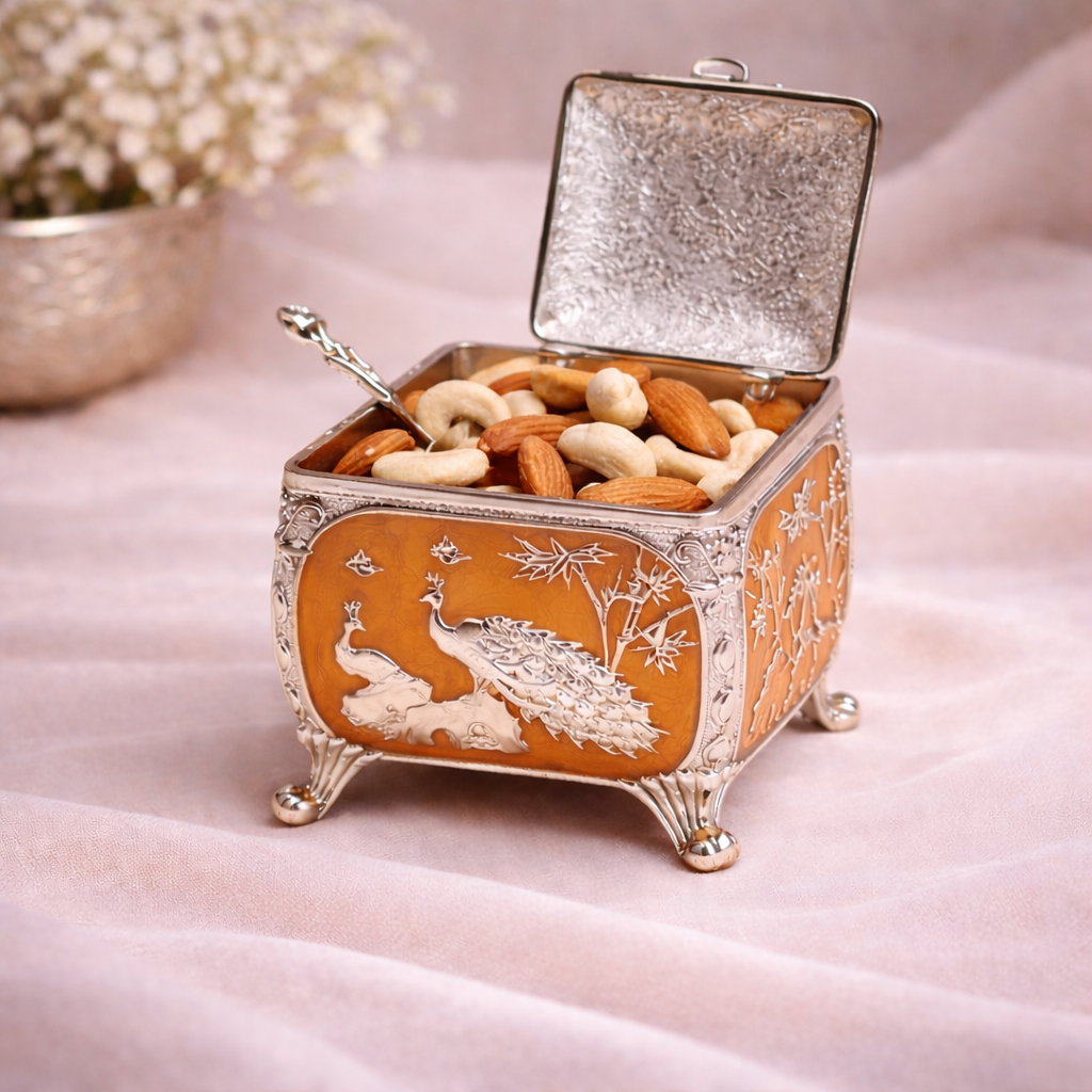 Royal Peacock German Silver Dry Fruit Box – Orange Finish (4 x 4 Inch)