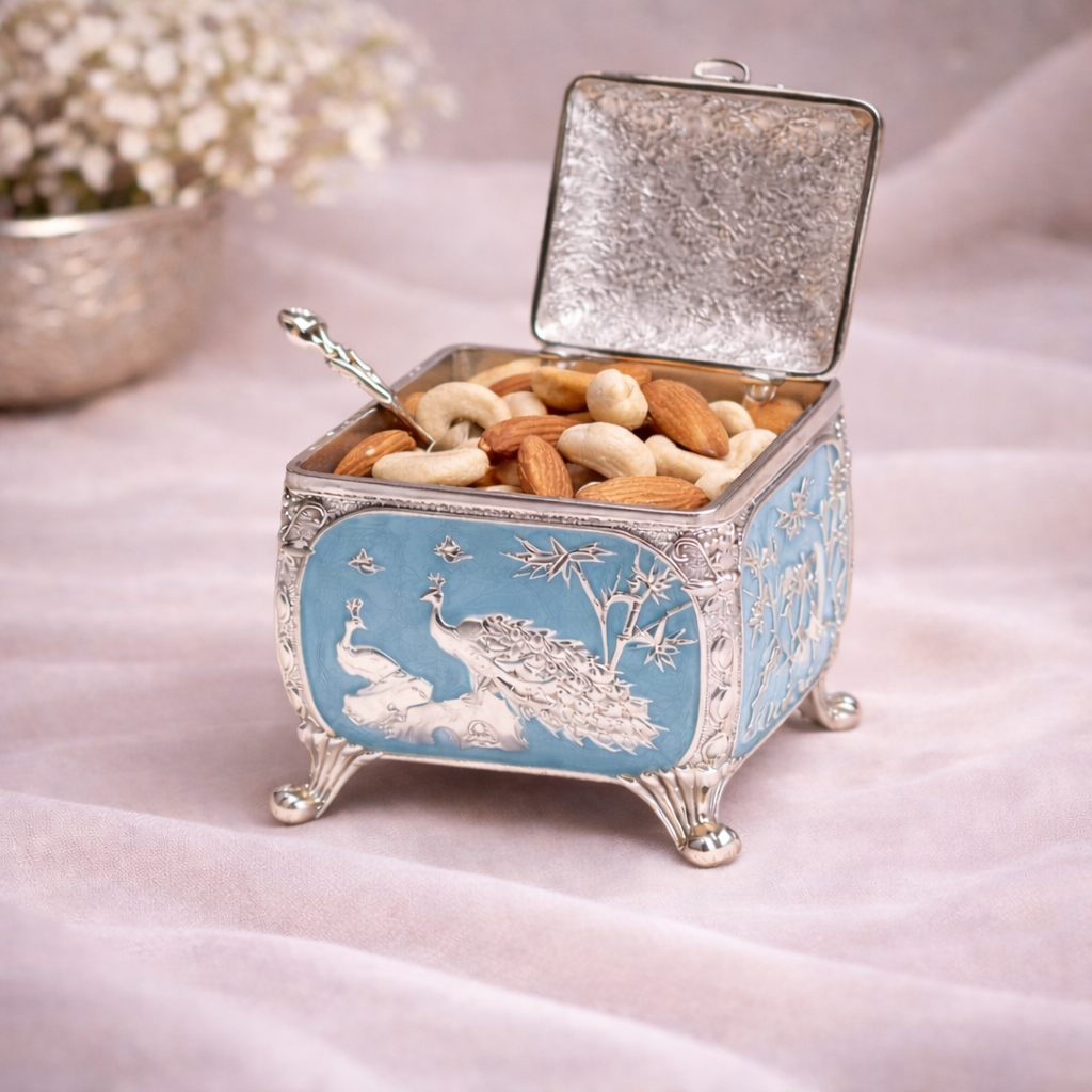 Royal Peacock German Silver Dry Fruit Box – Handcrafted Premium Gift (4 x 4 Inch)