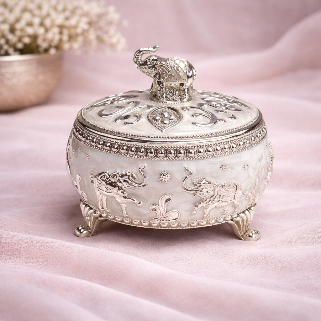 Premium German Silver Elephant Dry Fruit Bowl – White Pearl Finish (4 Inch)