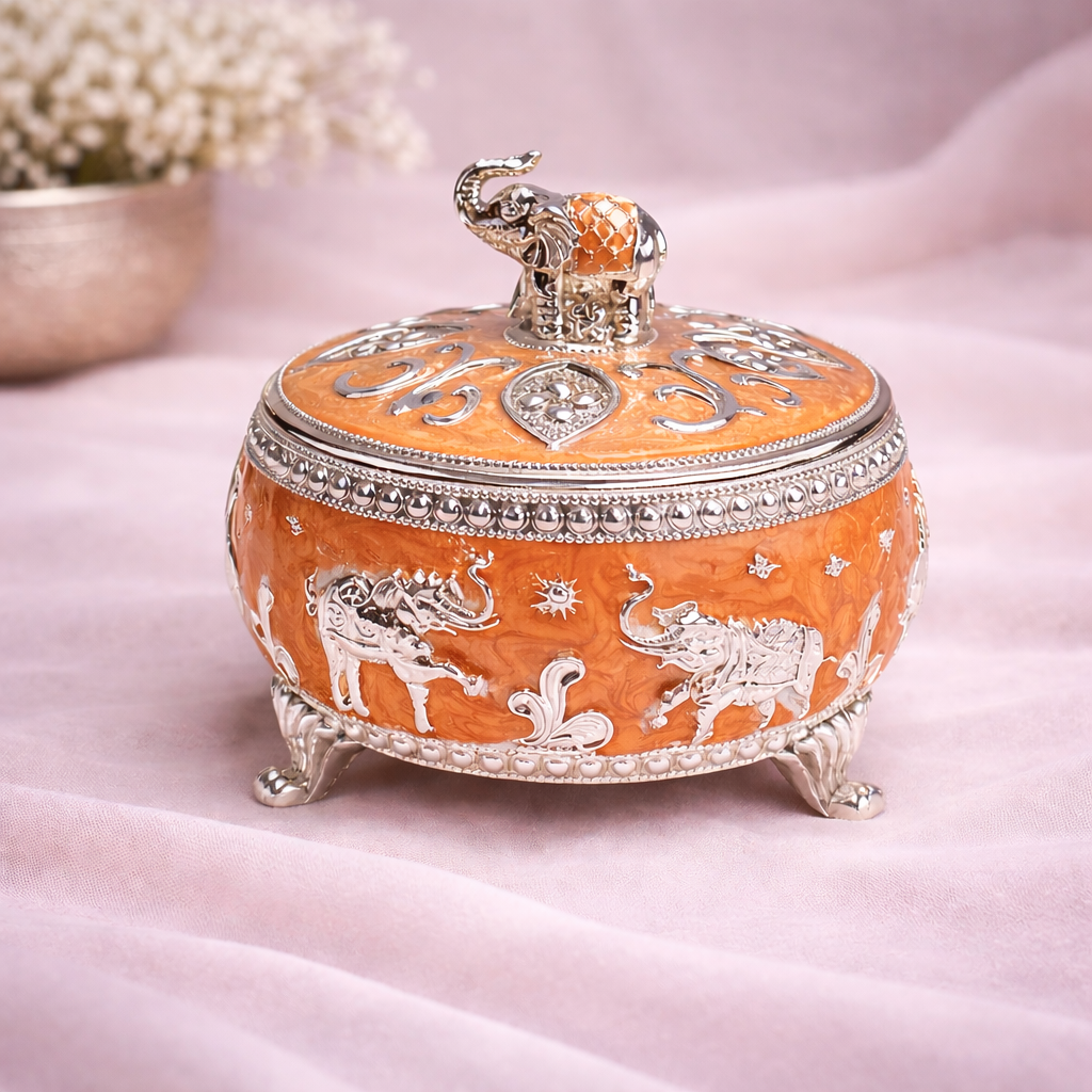 Royal Elephant Orange Decorative Dry Fruit Box (4 Inch) – Premium Silver Finish Multipurpose Storage Jar