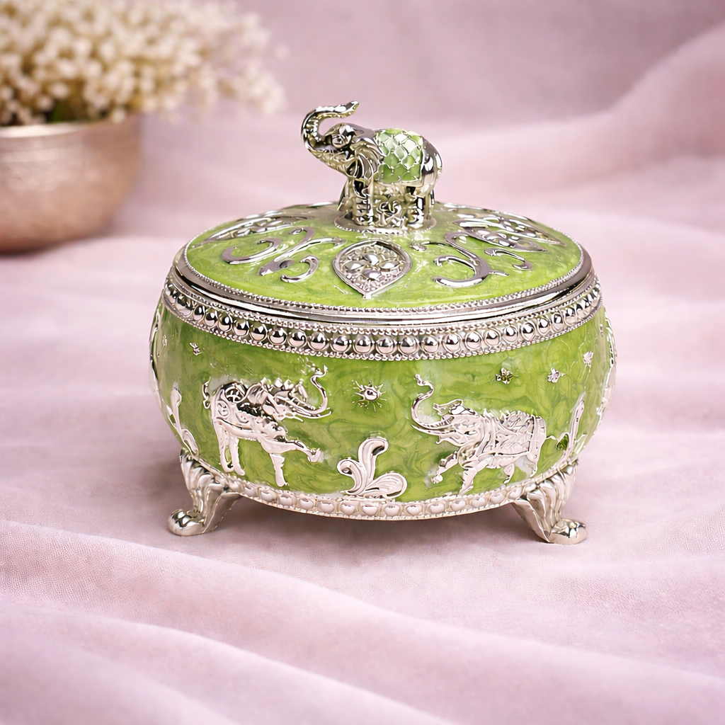 Green Elephant German Silver Dry Fruit Box – 4 Inch Premium Decorative Storage Bowl