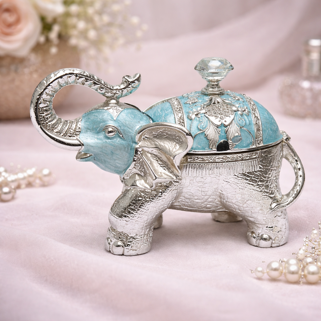 Luxury Silver Elephant Dry Fruit Box with Blue Enamel Finish | Decorative Storage & Gifting Box (8 x 6 Inch)