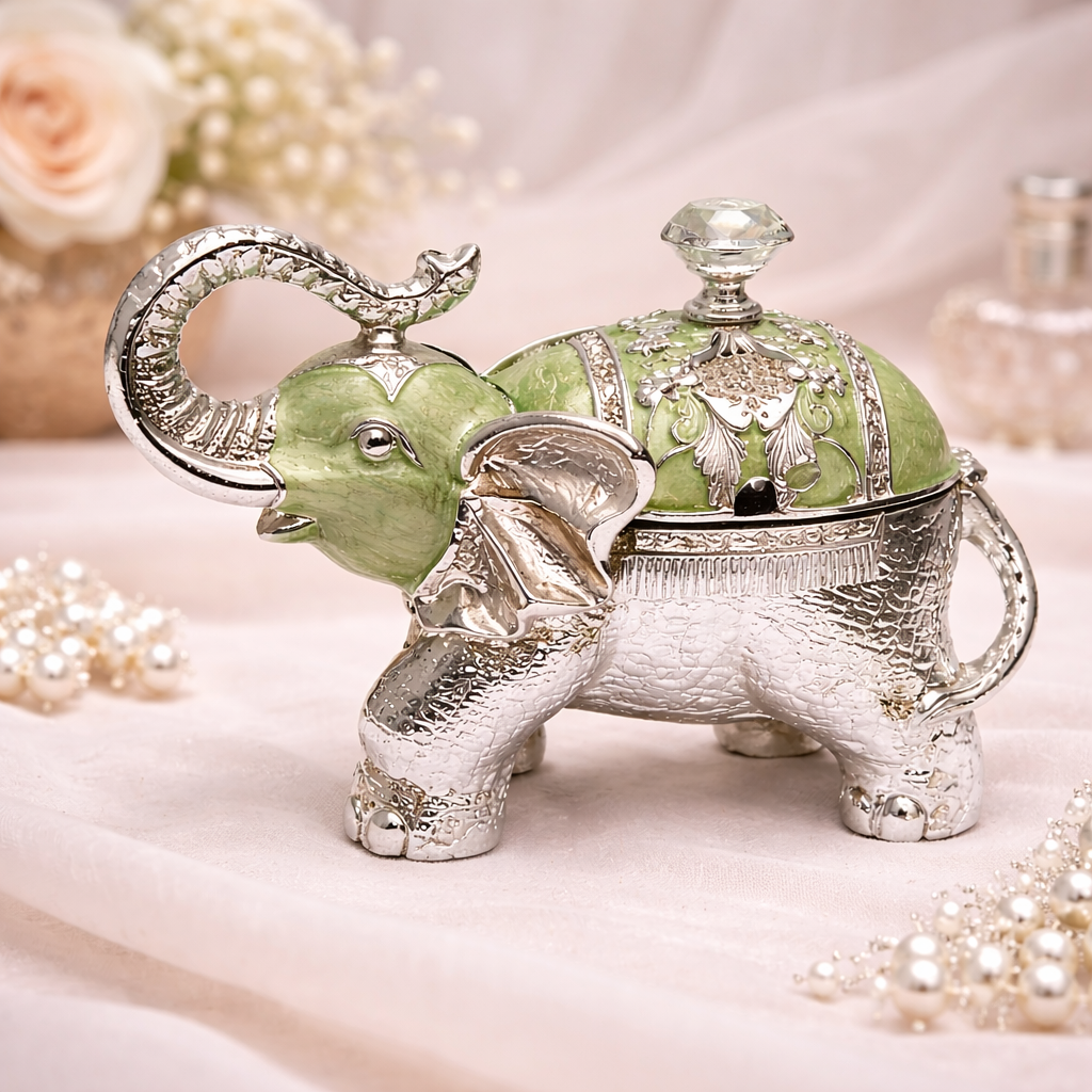 Luxury Silver Elephant Dry Fruit Box – Green Finish | 8 x 6 Inch Decorative Gift Box