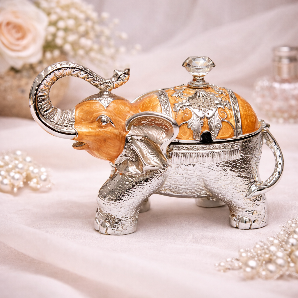 Luxury Elephant Shape Dry Fruit Container with Lid – Silver & Orange Finish (8 Inch)