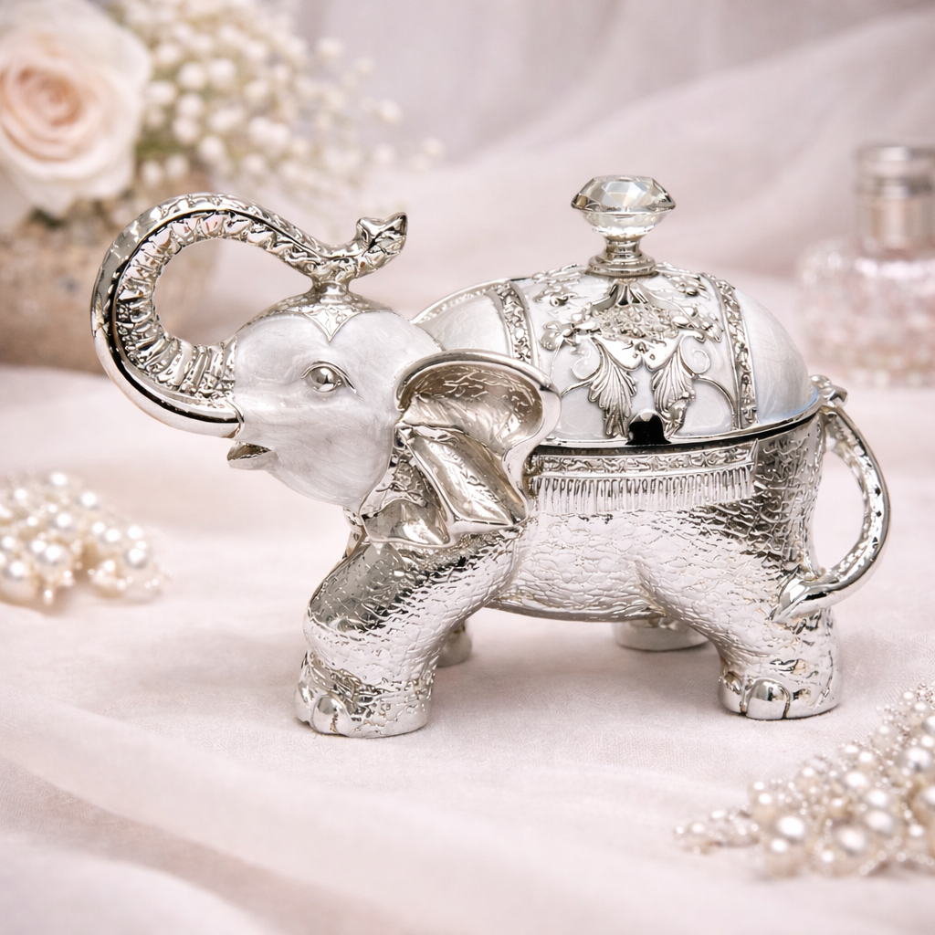Luxury White Silver Elephant Dry Fruit Box – 8 Inch Decorative Storage & Gifting Container
