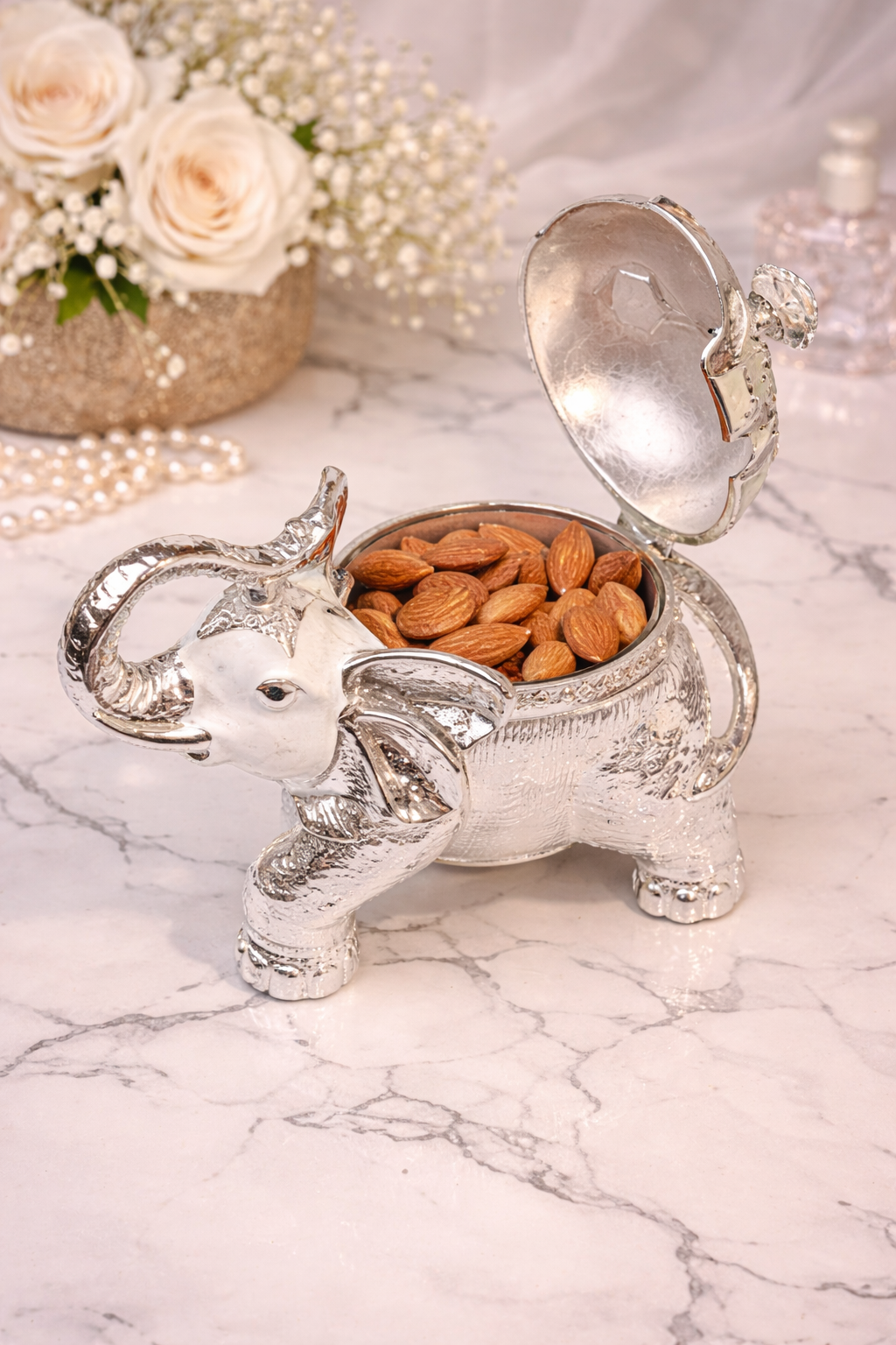 Luxury White Silver Elephant Dry Fruit Box – 8 Inch Decorative Storage & Gifting Container