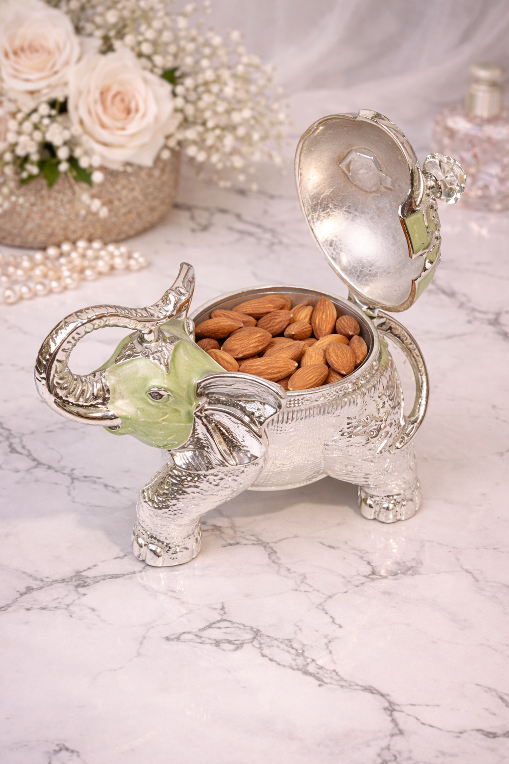 Luxury Silver Elephant Dry Fruit Box – Green Finish | 8 x 6 Inch Decorative Gift Box