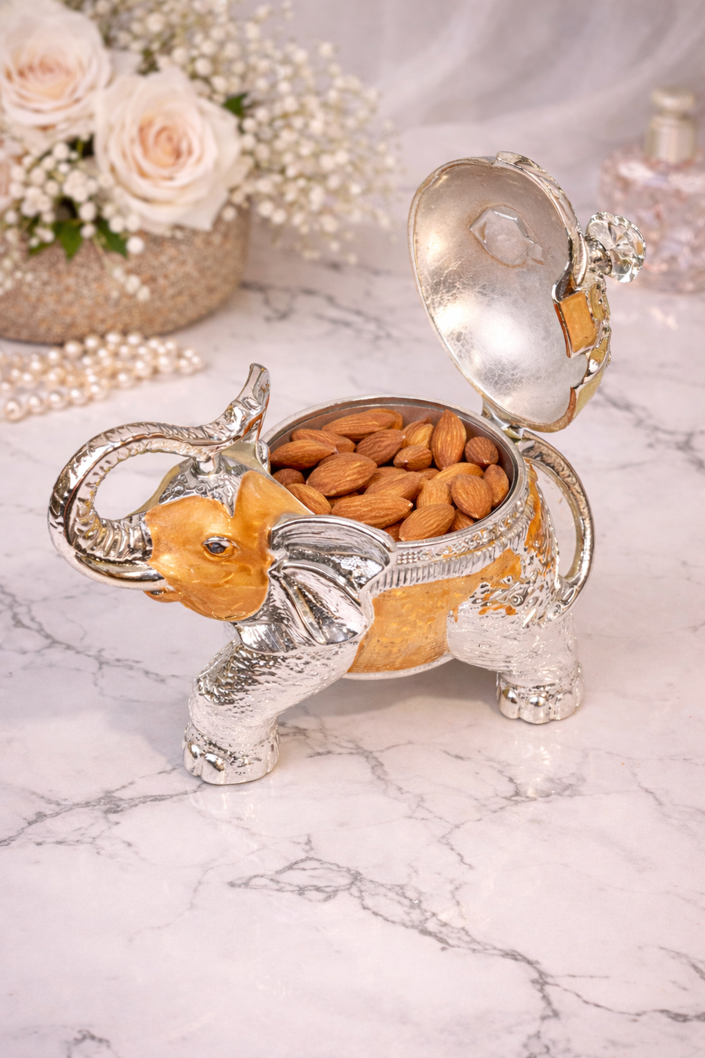 Luxury Elephant Shape Dry Fruit Container with Lid – Silver & Orange Finish (8 Inch)