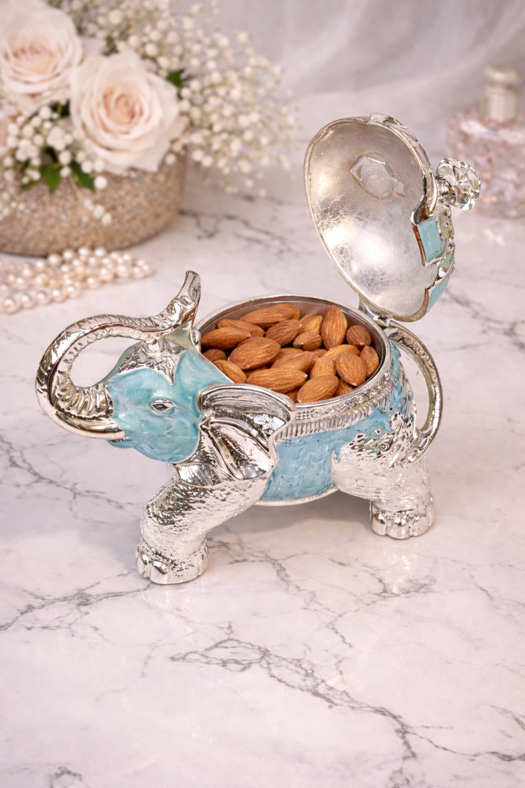 Luxury Silver Elephant Dry Fruit Box with Blue Enamel Finish | Decorative Storage & Gifting Box (8 x 6 Inch)
