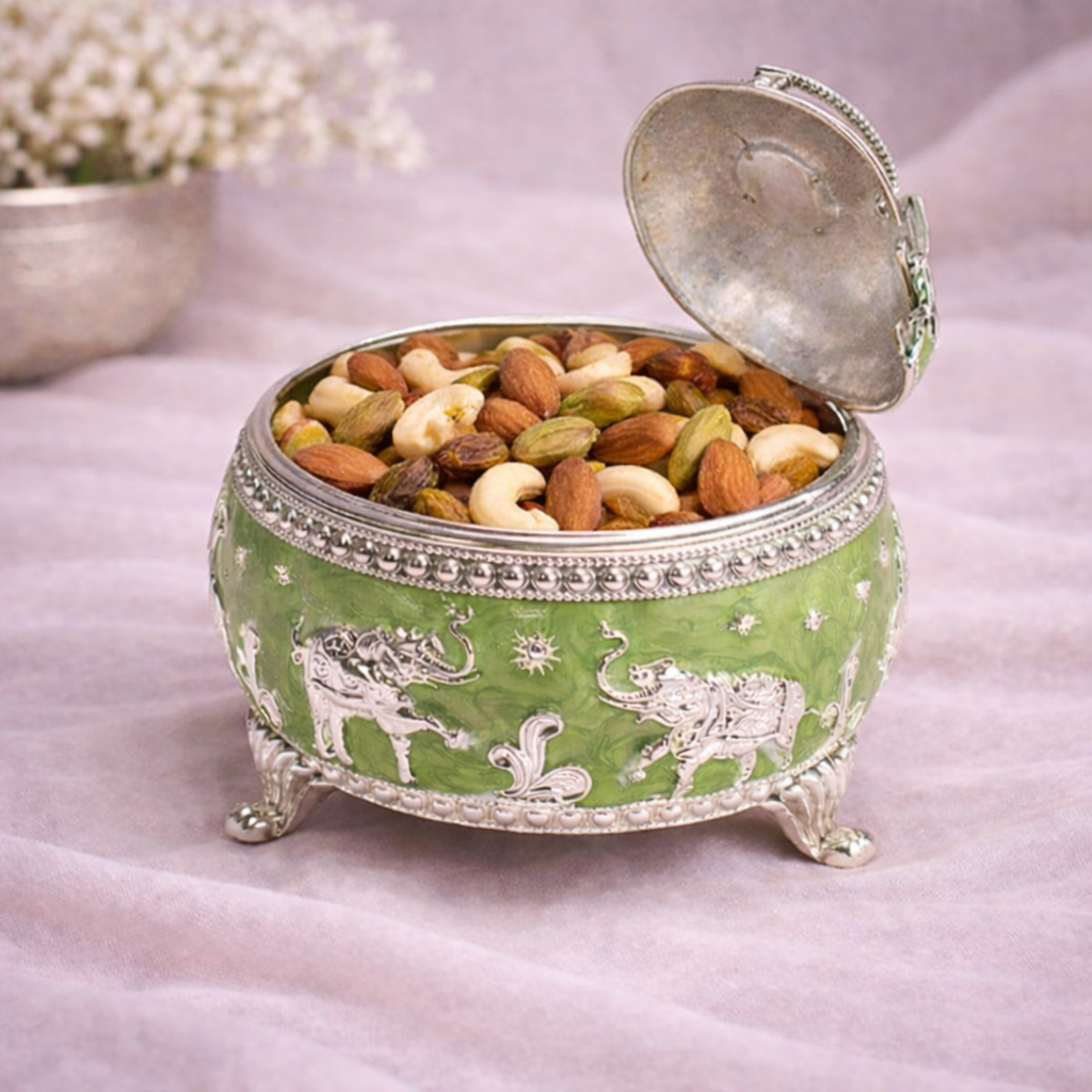 Green Elephant German Silver Dry Fruit Box – 4 Inch Premium Decorative Storage Bowl