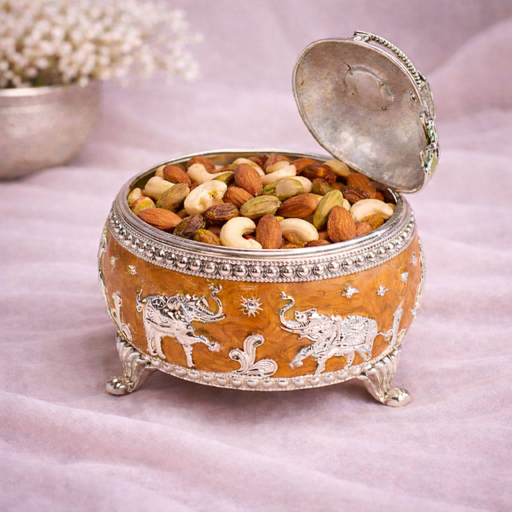Royal Elephant Orange Decorative Dry Fruit Box (4 Inch) – Premium Silver Finish Multipurpose Storage Jar
