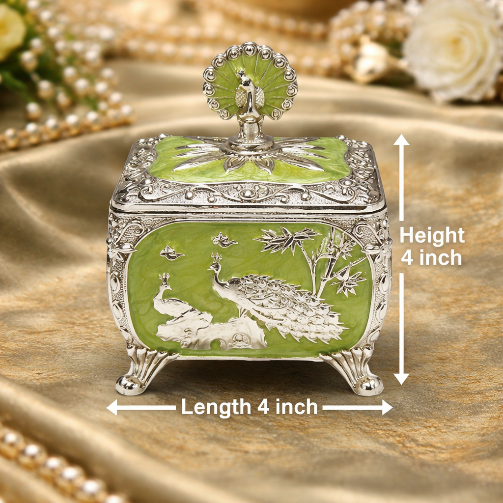 Royal Peacock German Silver Dry Fruit Box (Green) – 4 x 4 Inch with Spoon
