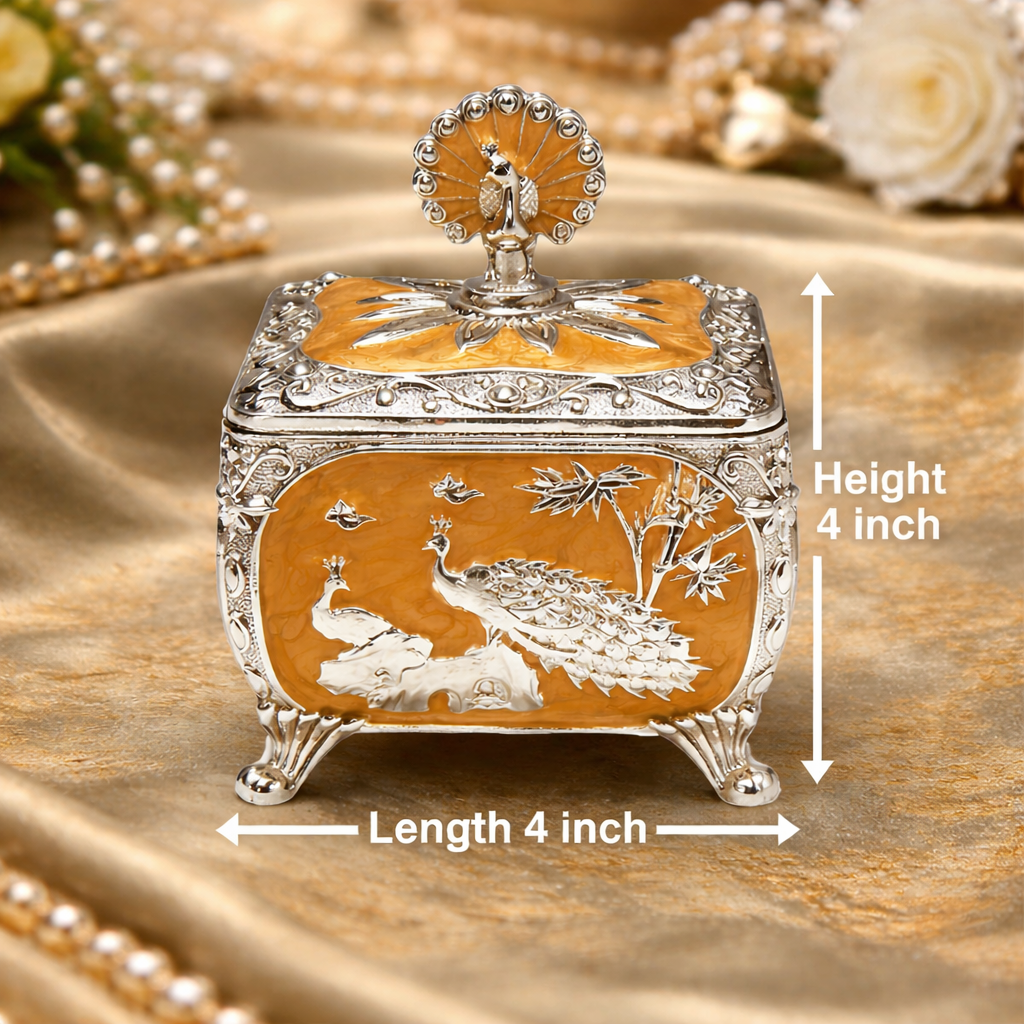 Royal Peacock German Silver Dry Fruit Box – Orange Finish (4 x 4 Inch)