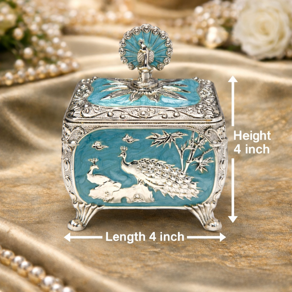 Royal Peacock German Silver Dry Fruit Box – Handcrafted Premium Gift (4 x 4 Inch)