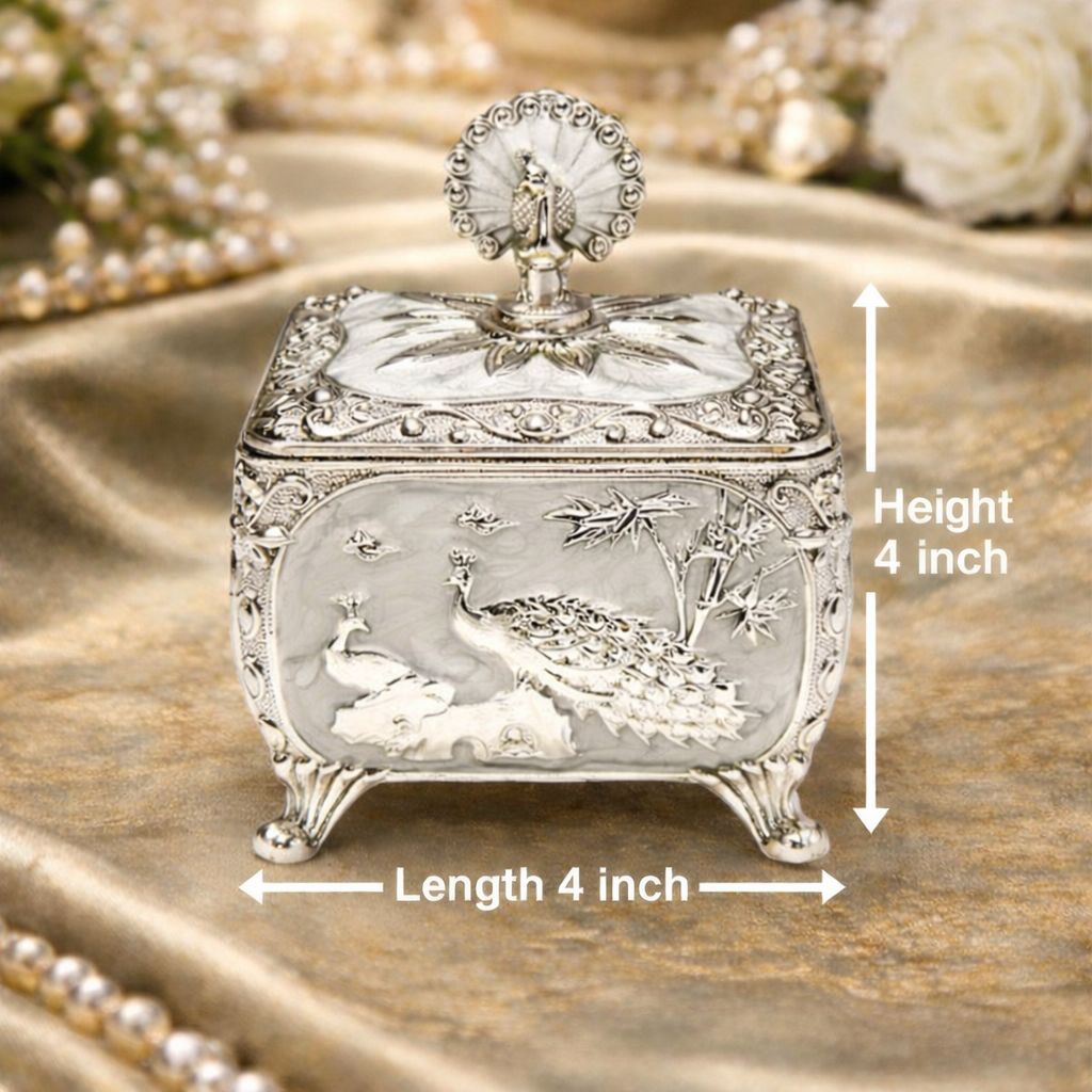 Royal White German Silver Peacock Dry Fruit Box (4 x 4 Inch) – Luxury Wedding & Festive Gift