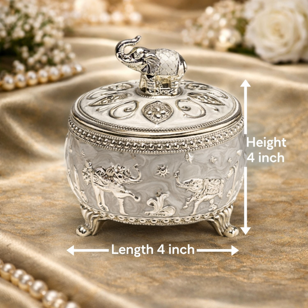 Premium German Silver Elephant Dry Fruit Bowl – White Pearl Finish (4 Inch)