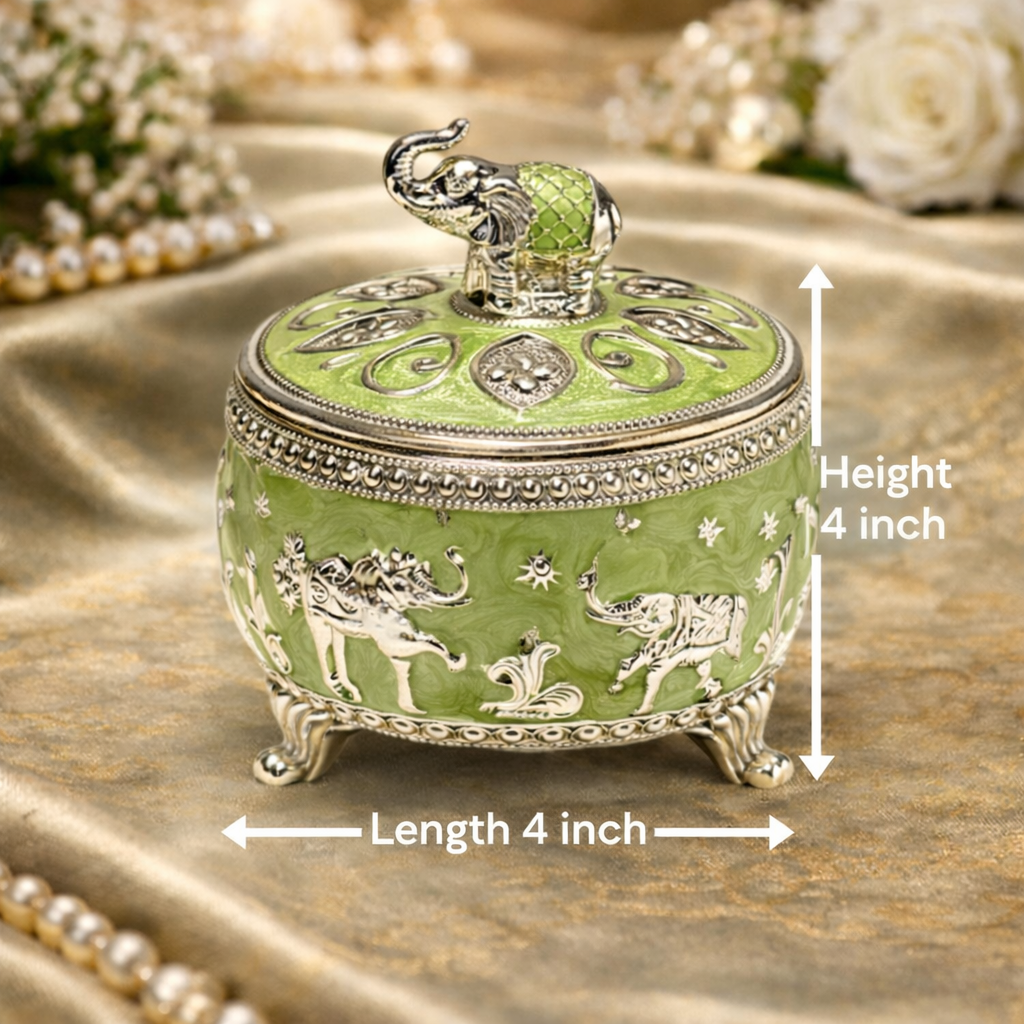 Green Elephant German Silver Dry Fruit Box – 4 Inch Premium Decorative Storage Bowl