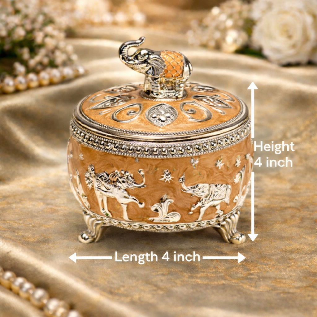 Royal Elephant Orange Decorative Dry Fruit Box (4 Inch) – Premium Silver Finish Multipurpose Storage Jar
