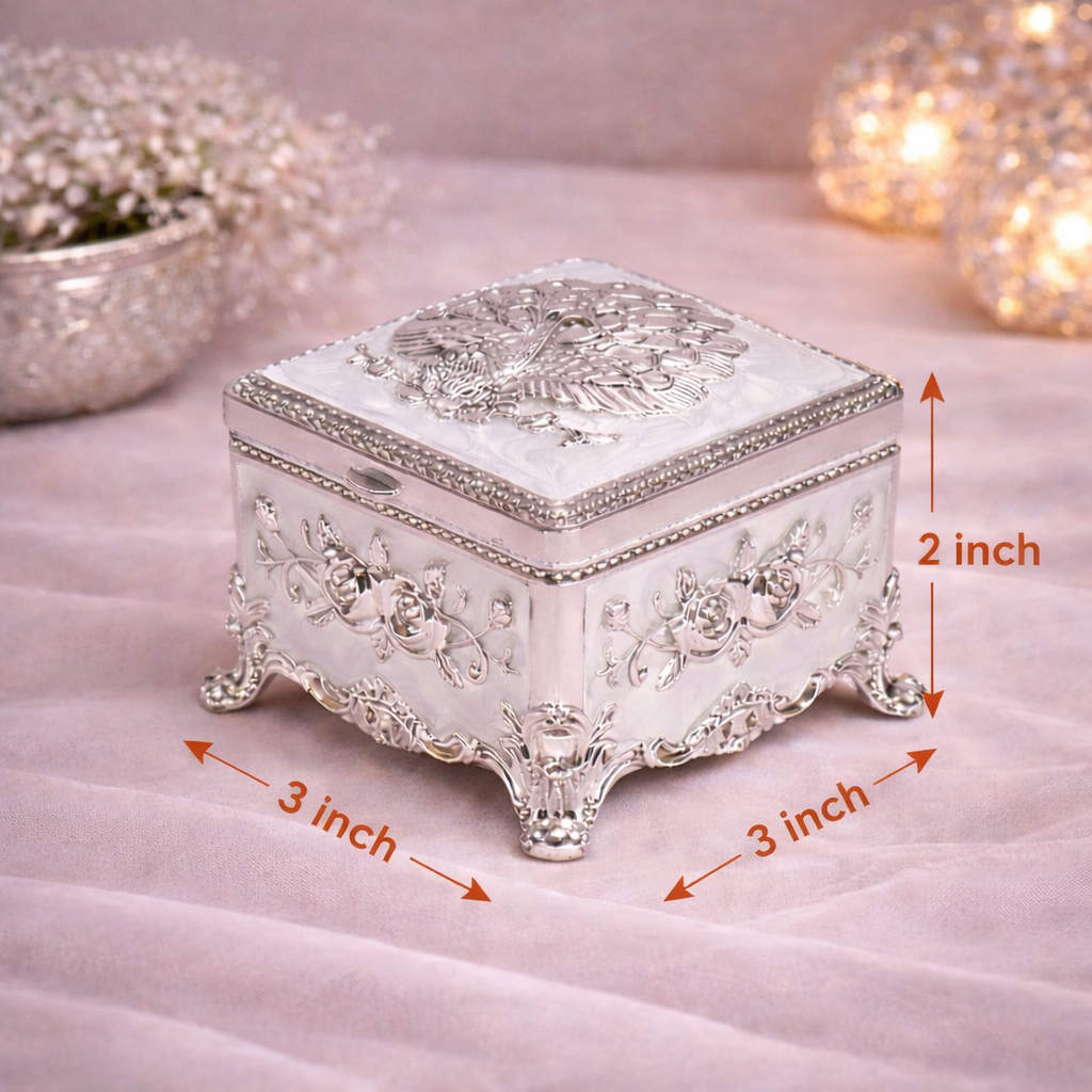Royal White German Silver Peacock Jewellery Box (3 x 3 x 2 Inch)