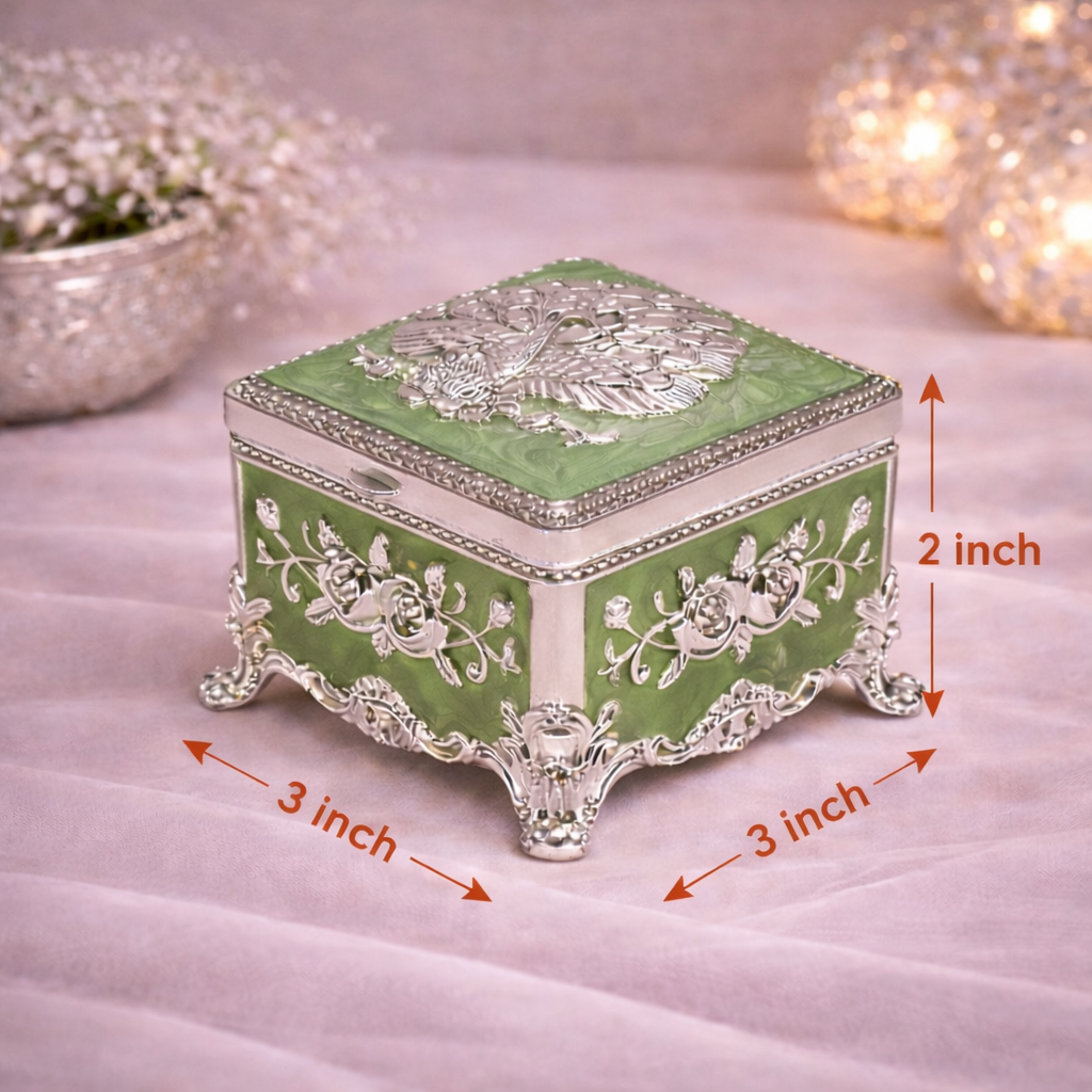 Royal Green Floral Metal Jewellery Box with Velvet Lining (3 x 3 x 2 Inch)