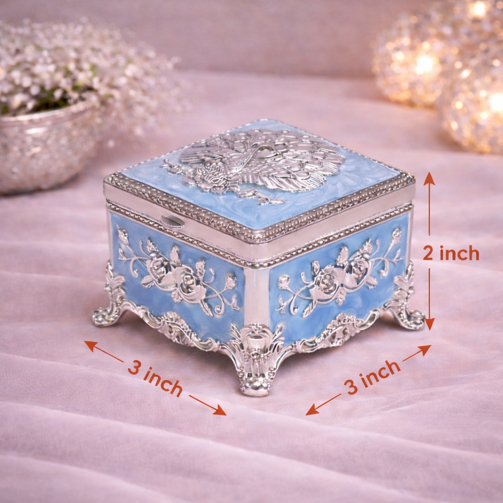 Premium Peacock Design German Silver Jewelry Box – Sky Blue (3 x 3 Inch)