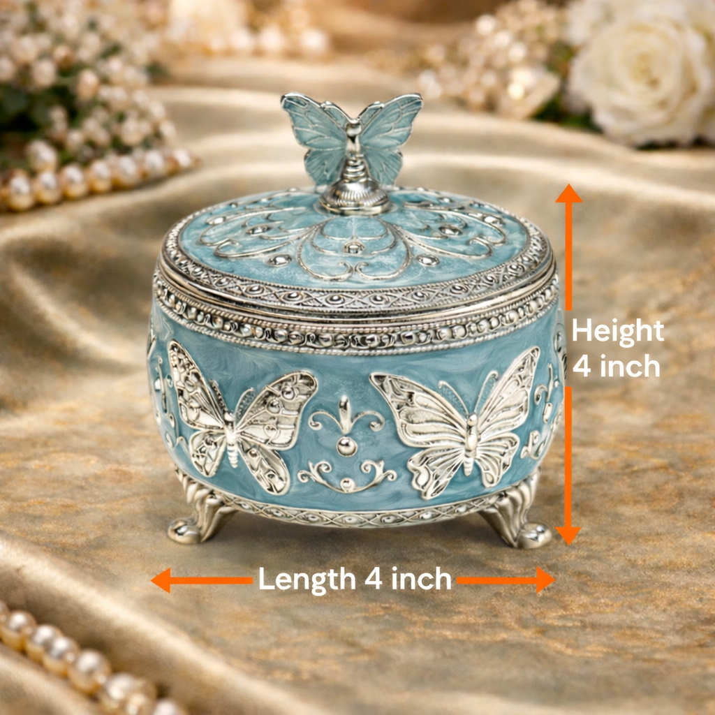 Royal Butterfly German Silver Round Storage Box with Velvet Lining – Luxury Gifting & Décor