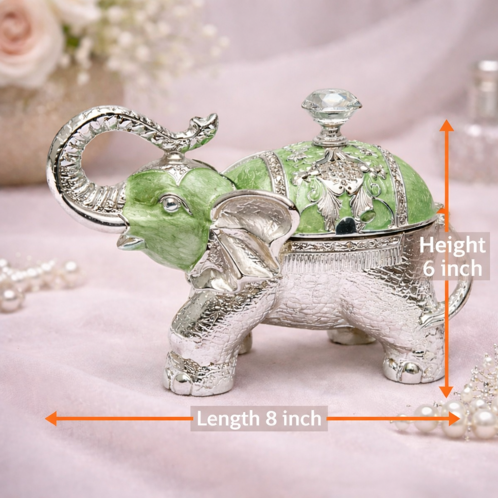 Luxury Silver Elephant Dry Fruit Box – Green Finish | 8 x 6 Inch Decorative Gift Box