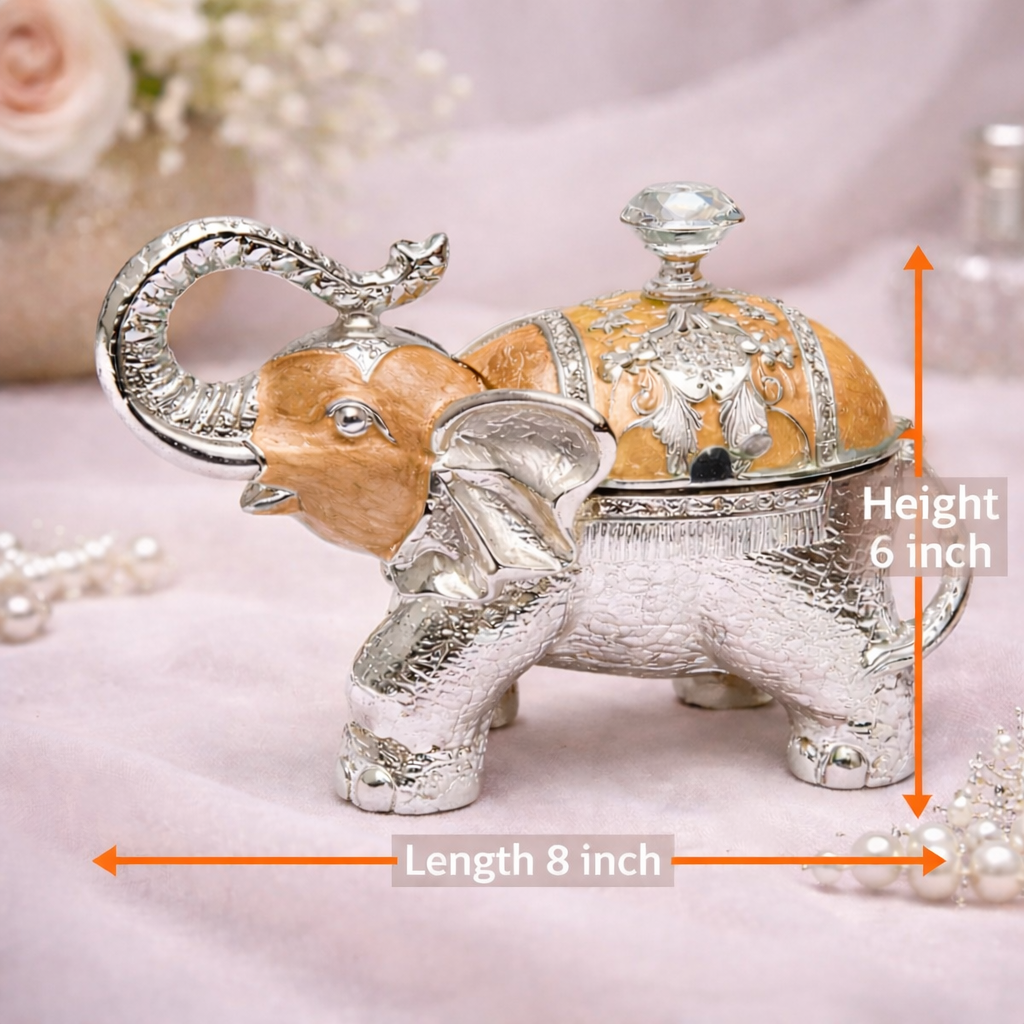 Luxury Elephant Shape Dry Fruit Container with Lid – Silver & Orange Finish (8 Inch)