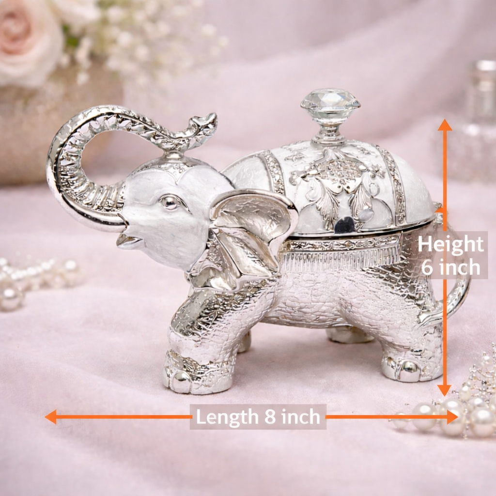 Luxury White Silver Elephant Dry Fruit Box – 8 Inch Decorative Storage & Gifting Container